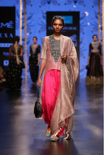 PS-FW575 Muniza Mouse Grey Chanderi Stripe High-Low Kurta with Dupatta and Hot Pink Silk Camisole with Salwar