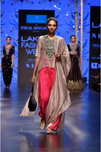 PS-FW575 Muniza Mouse Grey Chanderi Stripe High-Low Kurta with Dupatta and Hot Pink Silk Camisole with Salwar