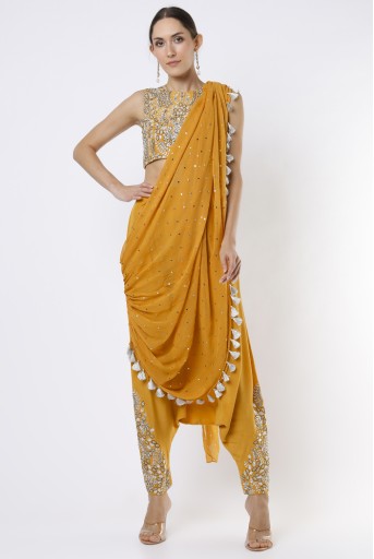 PS-TL0008-E  Mustard Embroidered Crepe Choli And Low Crotch Pants With Attached Dot Mukaish Georgette Drape