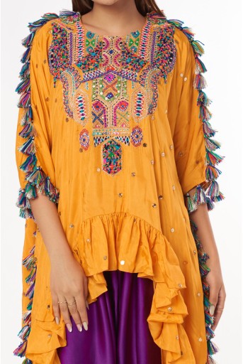 PS-TS0011-G  Mustard Embroidered High Low Kaftan With Salwar