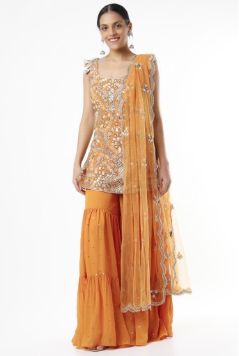PS-KP0094-C  Mustard Georgette Embroidered Kurta With Dot Mukaish Georgette Sharara And Net Dupatta