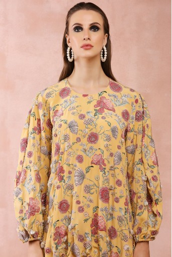 PS-TP0054-K  Mustard Gulbagh Print Front Embroidered Balloon Top