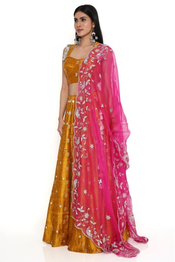 PS-LH0077-A  Mustard Lehriya Silk Bustier With Embroidered Lehenga And Hot Pink Organza Dupatta