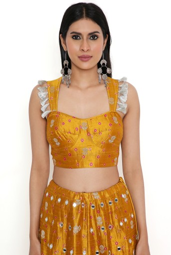 PS-LH0077-A  Mustard Lehriya Silk Bustier With Embroidered Lehenga And Hot Pink Organza Dupatta