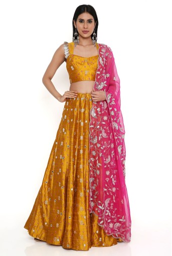 PS-LH0077-A-1  Mustard Lehriya Silk Bustier With Embroidered Lehenga And Hot Pink Organza Dupatta