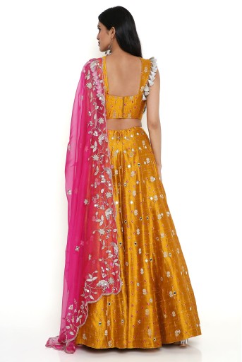 PS-LH0077-A-1  Mustard Lehriya Silk Bustier With Embroidered Lehenga And Hot Pink Organza Dupatta