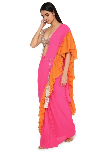 PS-SR0026  Myiesha Pink Colour Georgette Embroidered Choli With Pink And Orange Georgette Frill Pre-Stitched Saree