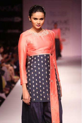 PS-FW272 Myrah Pale Coral and Navy Silkmul Kurta with Navy Patiala and Pale Coral Dupatta