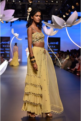 PS-FW536 Nadide Pale Yellow Crepe Bustier with Tiered Pant and Organza Dupatta