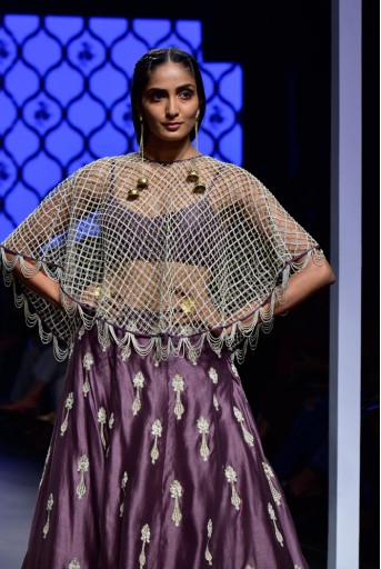 PS-FW491 Naem Eggplant Silkmul Bustier with Lehenga and Cape