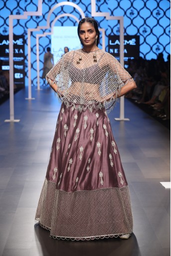 PS-FW491 Naem Eggplant Silkmul Bustier with Lehenga and Cape