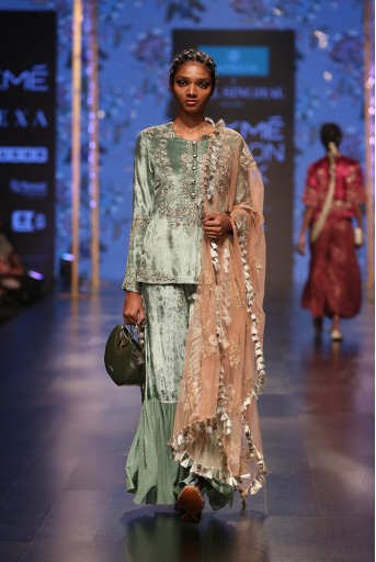 PS-FW555 Nasrin Sage Green Velvet Kurta with Velvet and Mukaish Georgette Frill Palazzo and Coral Net Dupatta
