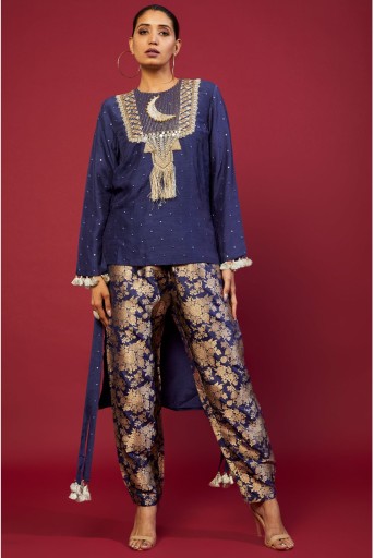 PS-KP0214-D  Navy Abla Silk Embroidered High Low Kurta With Navy Brocade Constructed Pant