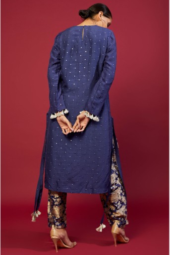 PS-KP0214-D  Navy Abla Silk Embroidered High Low Kurta With Navy Brocade Constructed Pant