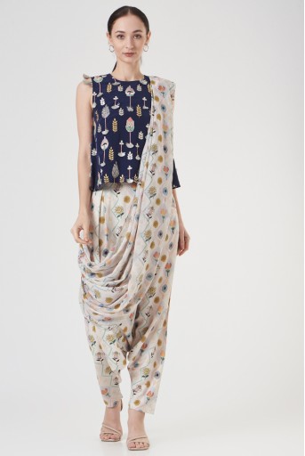 PS-ST1367-J  Navy Art Crepe Embroidered Top And Cream Printed Art Crepe Dhoti Pants With Attached Printed Art Georgette Drape