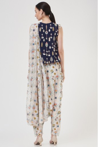 PS-ST1367-J  Navy Art Crepe Embroidered Top And Cream Printed Art Crepe Dhoti Pants With Attached Printed Art Georgette Drape
