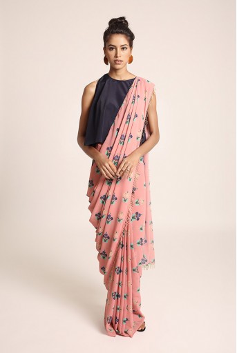 PS-ST1207S Navy Art Crepe Top with Coral Printed Art Georgette Saree