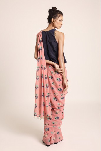 PS-ST1207S Navy Art Crepe Top with Coral Printed Art Georgette Saree