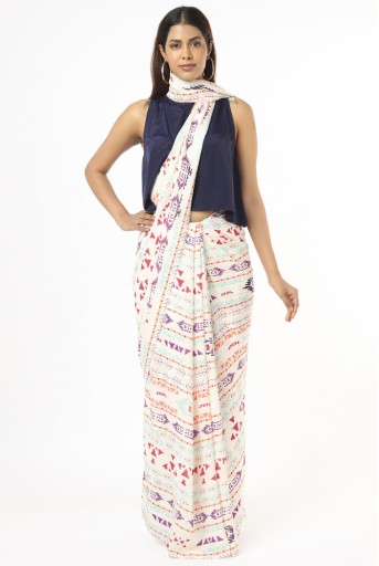 PS-ST1207-GG-1  Navy Art Crepe Top With Cream Print Georgette Saree