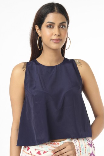 PS-ST1207-GG-1  Navy Art Crepe Top With Cream Print Georgette Saree