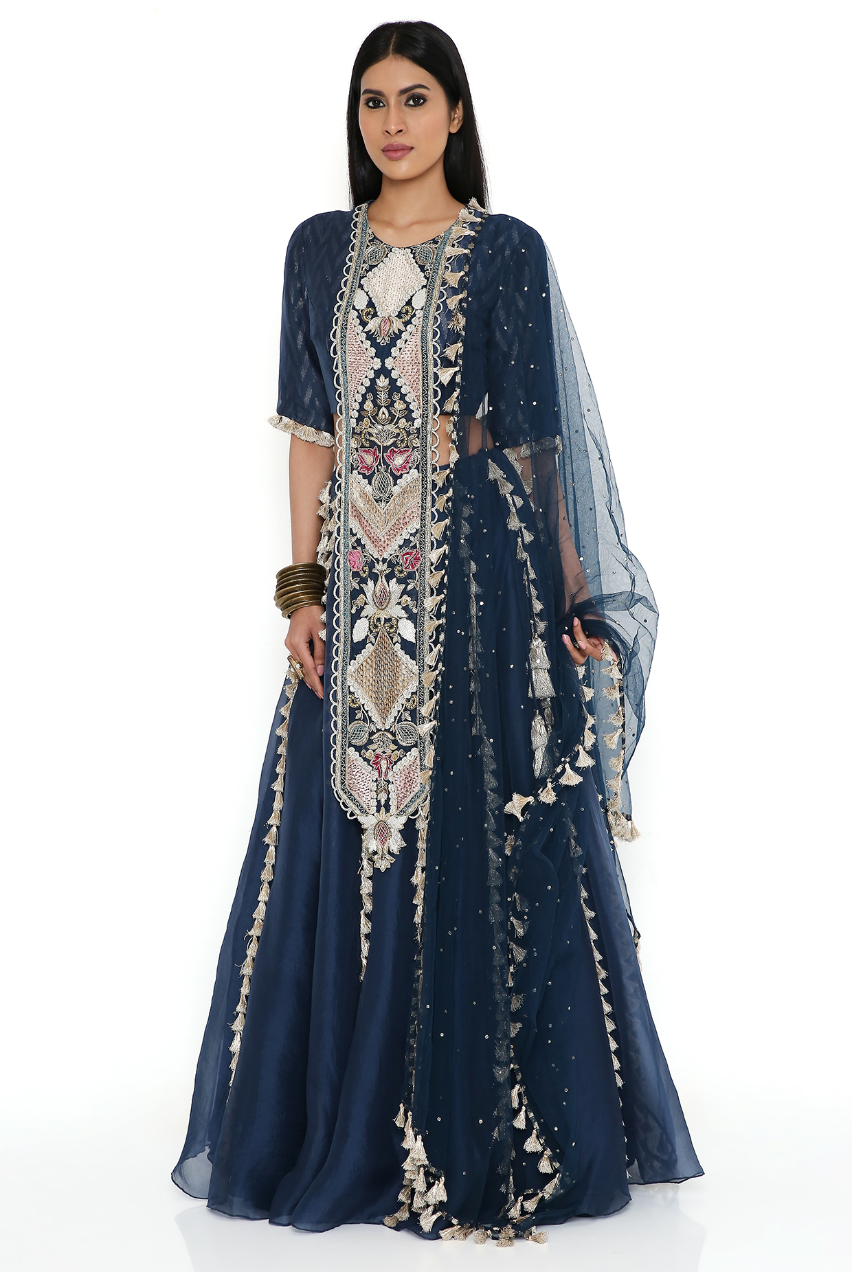 Blue 2024 banarasi lehenga choli with gota buttis and white organza dupatta