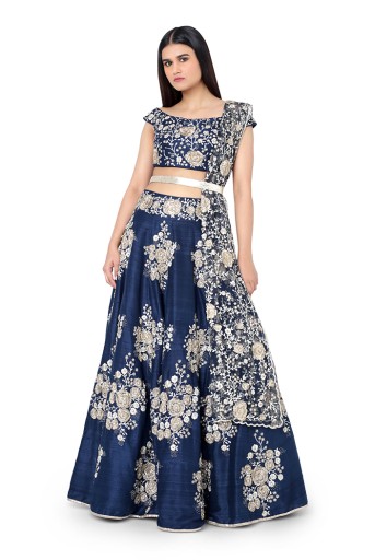 PS-FW347-D  Navy Blue Colour Dupion Silk Choli with Lehenga and Net Dupatta with Leather Belt
