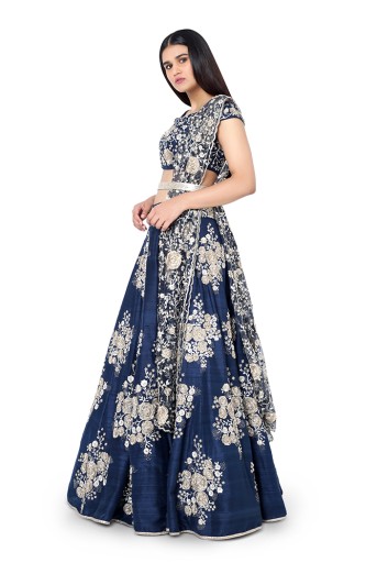 PS-FW347-D  Navy Blue Colour Dupion Silk Choli with Lehenga and Net Dupatta with Leather Belt