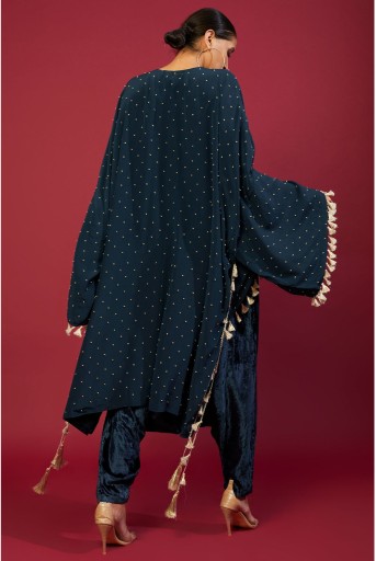 PS-KL0010-A  Navy Crepe Embroidered High Low Kaftan With Velvet Low Crotch Pant