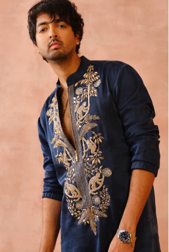 PS-MN434  Navy Embroidered Bomber Kurta With Jogger Pant