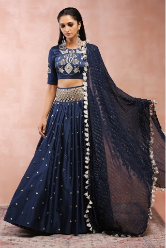 PS-LH0146  Navy Embroidered Choli And Cutwork Belt Lehenga With Dupatta