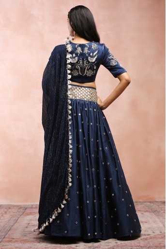 PS-LH0146  Navy Embroidered Choli And Cutwork Belt Lehenga With Dupatta