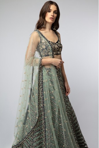 PS-ST1191 Navy Embroidered Choli with Stripped Lehenga and Dupatta
