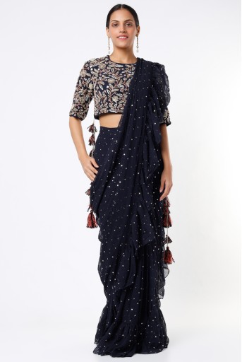 PS-SR0011-B  Navy Embroidered Georgette Choli With Black Mukaish Pre Stitched Saree