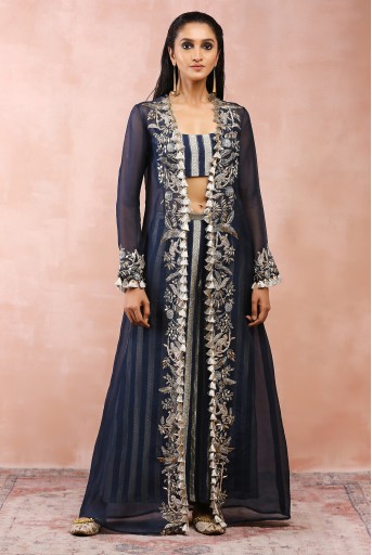 PS-JK0084-6 Navy Embroidered Jacket With Bustier And Pallazo Pant