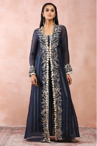 PS-JK0084  Navy Embroidered Jacket With Bustier And Pallazo Pant