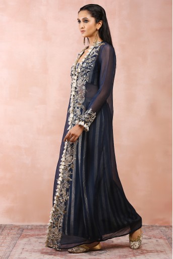 PS-JK0084  Navy Embroidered Jacket With Bustier And Pallazo Pant