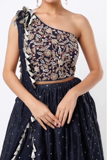 PS-GW0001-B  Navy Embroidered One Shoulder Choli With Attached Mukaish Georgette Dupatta And Mukaish Silkmul Lehenga