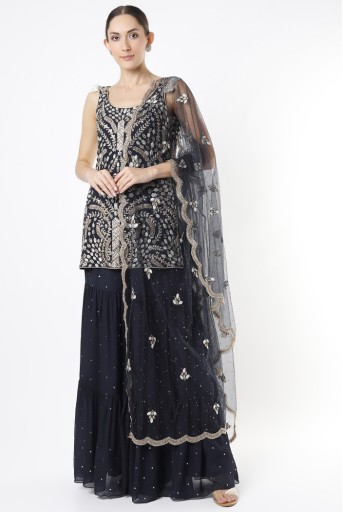 PS-KP0094-E  Navy Georgette Embroidered Kurta With Dot Mukaish Georgette Sharara And Net Dupatta