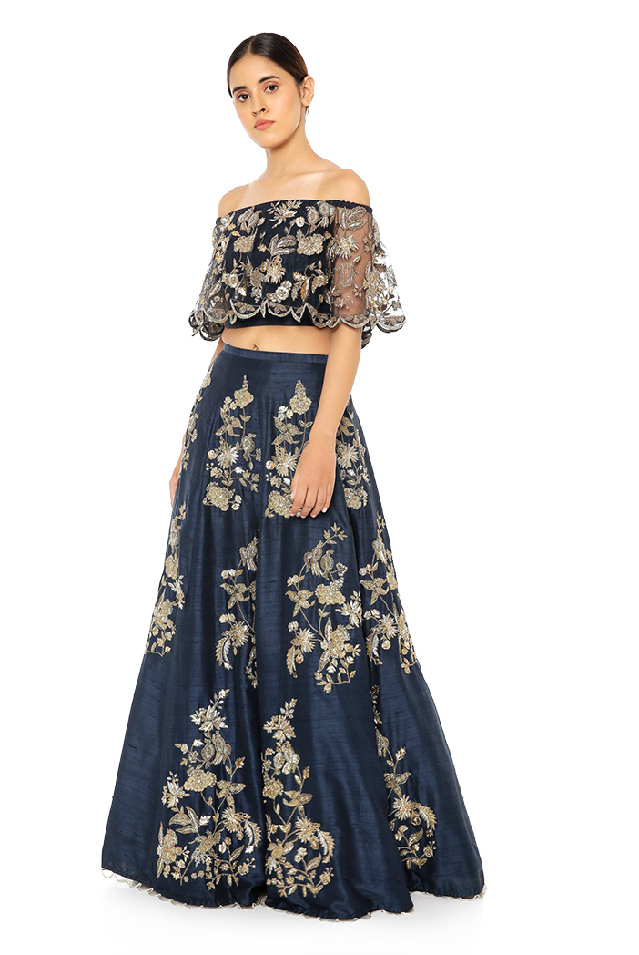 Powder Blue Pearl Off Shoulder Choli with Embroidered Lehenga Skirt  available only at Pernia's Pop Up Shop. 2024