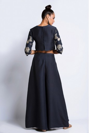 PS-ST0898A Navy Silk Crop Top with Overlap Palzzo