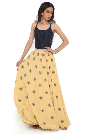 PS-FW515-A  Navy Silk Top With Yellow Pink Silk Clove Embroidered Skirt