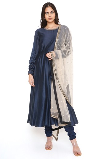 PS-FW382-B  Navy Silkmul Embroidered Anarkali And Navy Soft Net Churidar With Blush Embroidered Net Dupatta
