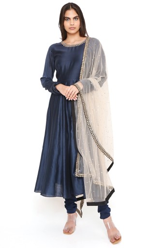 PS-FW382-B  Navy Silkmul Embroidered Anarkali And Navy Soft Net Churidar With Blush Embroidered Net Dupatta