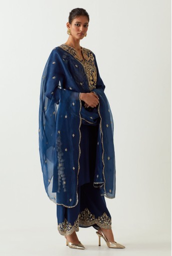 PS-KP0267-C  Navy Yoke Embroidred Kurta And Pants With Embroidered Dupatta