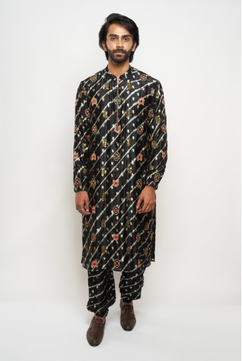 PS-MN358  Nazir Black Colour Leheriya Bandhani Silk Embroidered Bomber Kurta And Jogger Pants