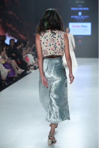 PS-FW683 Nazneen Stone Georgette Short Jacket with Periwinkle Blue Velvet Bustier and Culottes Pant