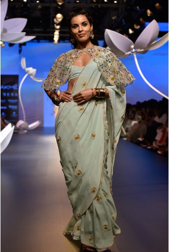PS-FW537 Nesrin Ice Blue Crepe Bustier with Georgette Saree and Stone Organza Cape