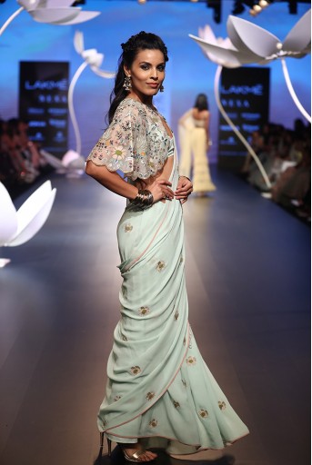 PS-FW537 Nesrin Ice Blue Crepe Bustier with Georgette Saree and Stone Organza Cape