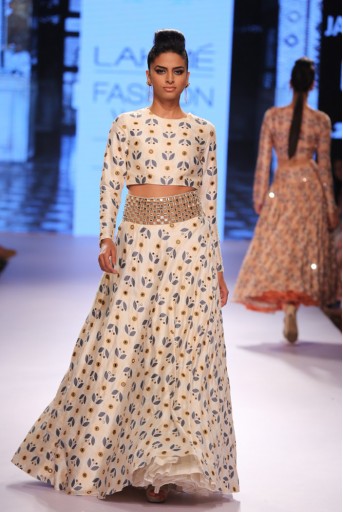 PS-FW309 Niloufer Ivory Printed Dupion Silk Crop Top with Lehenga