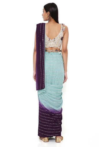 PS-SR0032  Niya Off White Georgette Embroidered Choli With Powder Blue And Purple Shaded Sequins Georgette Pre-Stiched Saree